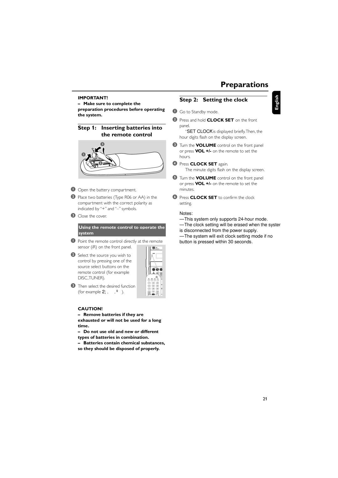 Philips MCD515 owner manual Preparations, Inserting batteries into the remote control, Setting the clock 