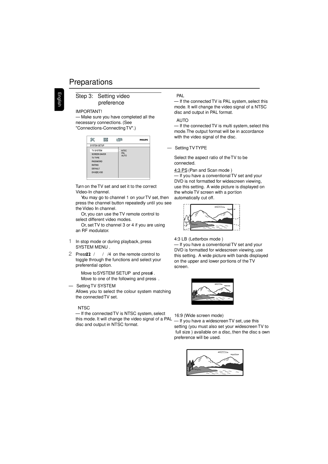 Philips MCD515 owner manual Setting video preference, System Menu, Ntsc, Pal, Auto 