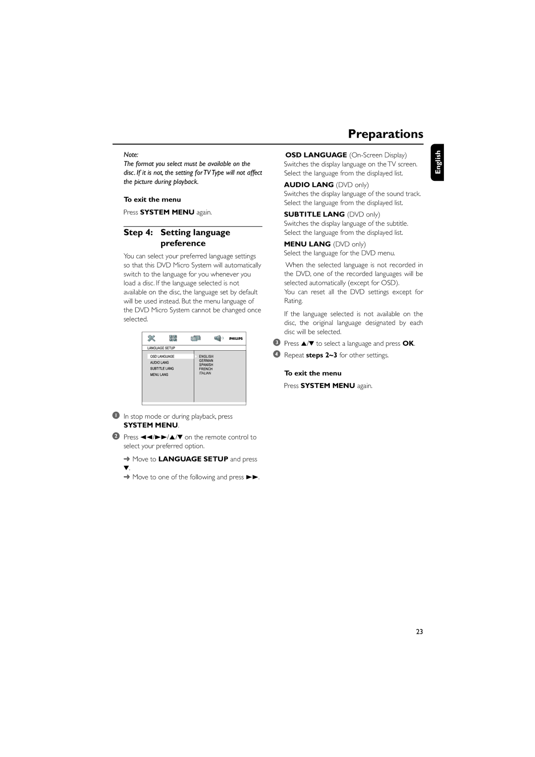 Philips MCD515 owner manual Setting language preference, To exit the menu, Audio Lang DVD only, Subtitle Lang DVD only 