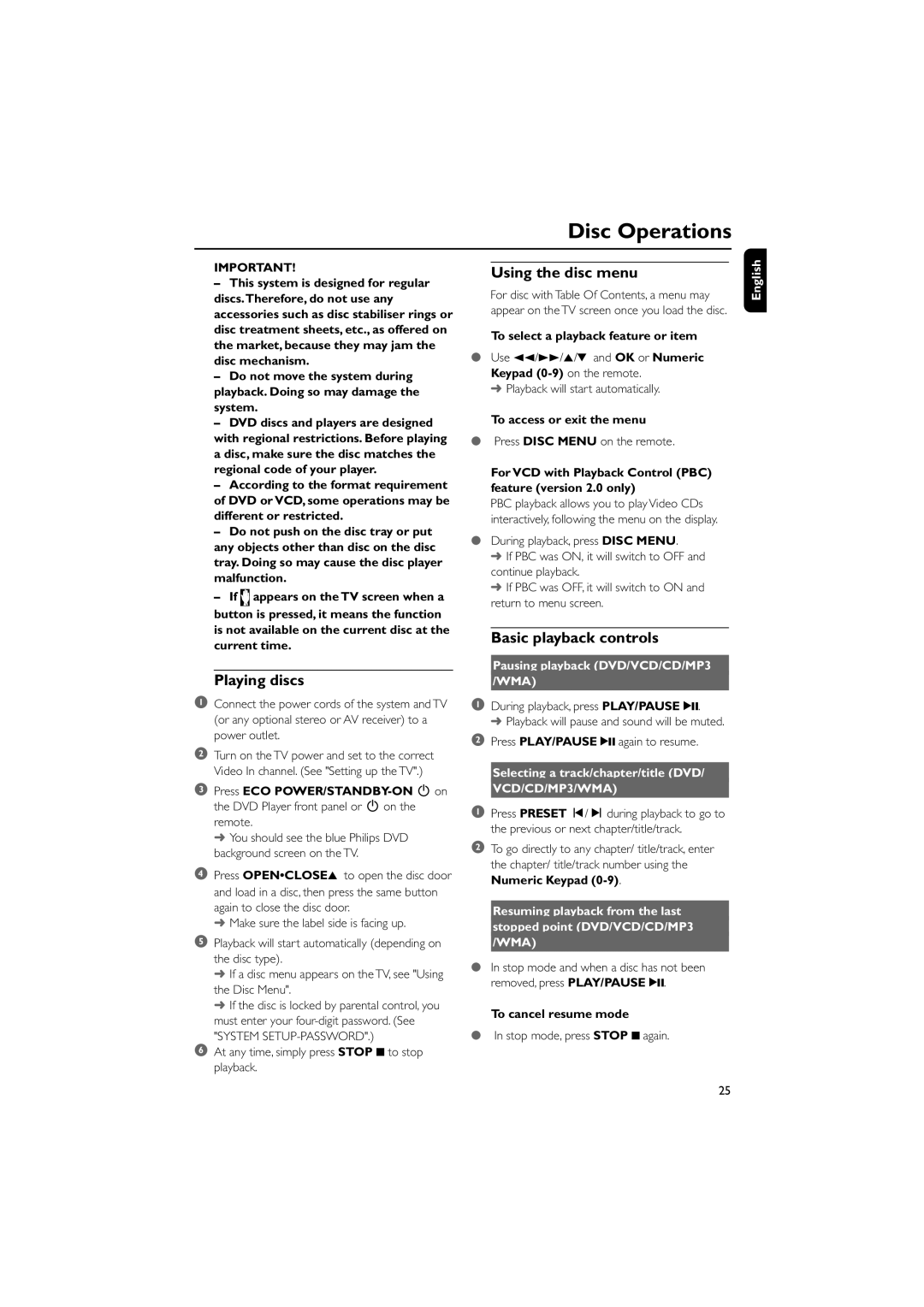 Philips MCD515 owner manual Disc Operations, Playing discs, Using the disc menu, Basic playback controls 