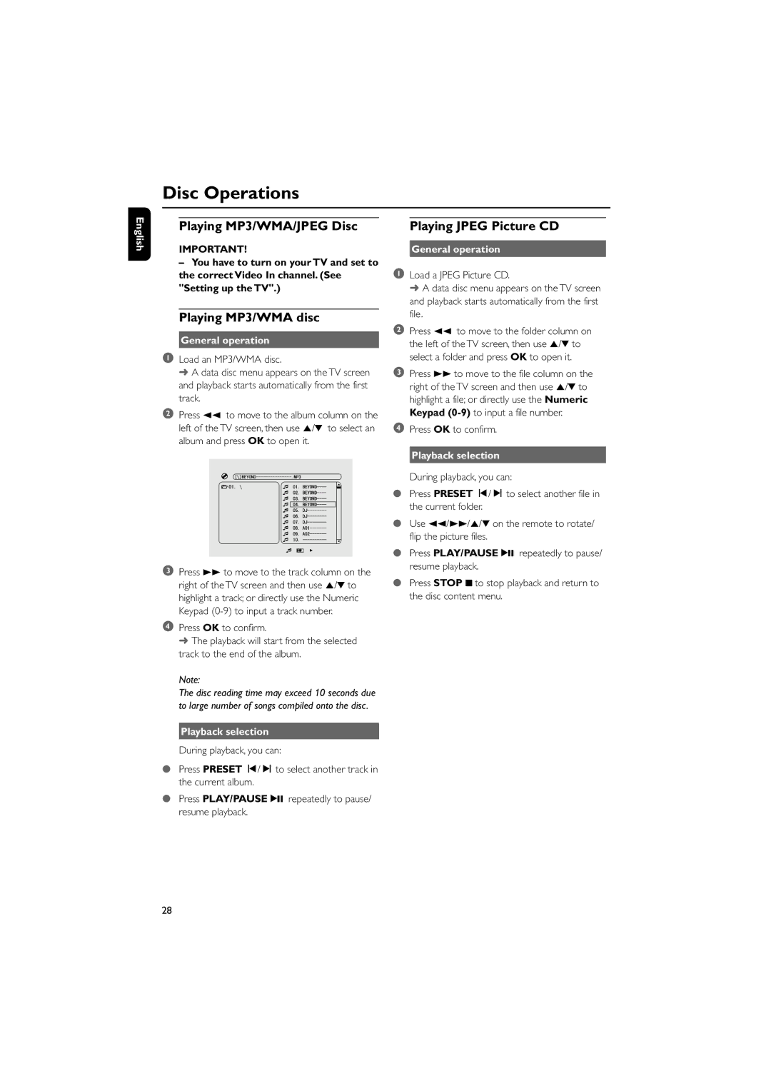 Philips MCD515 owner manual Playing MP3/WMA/JPEG Disc, Playing MP3/WMA disc, General operation, Playback selection 