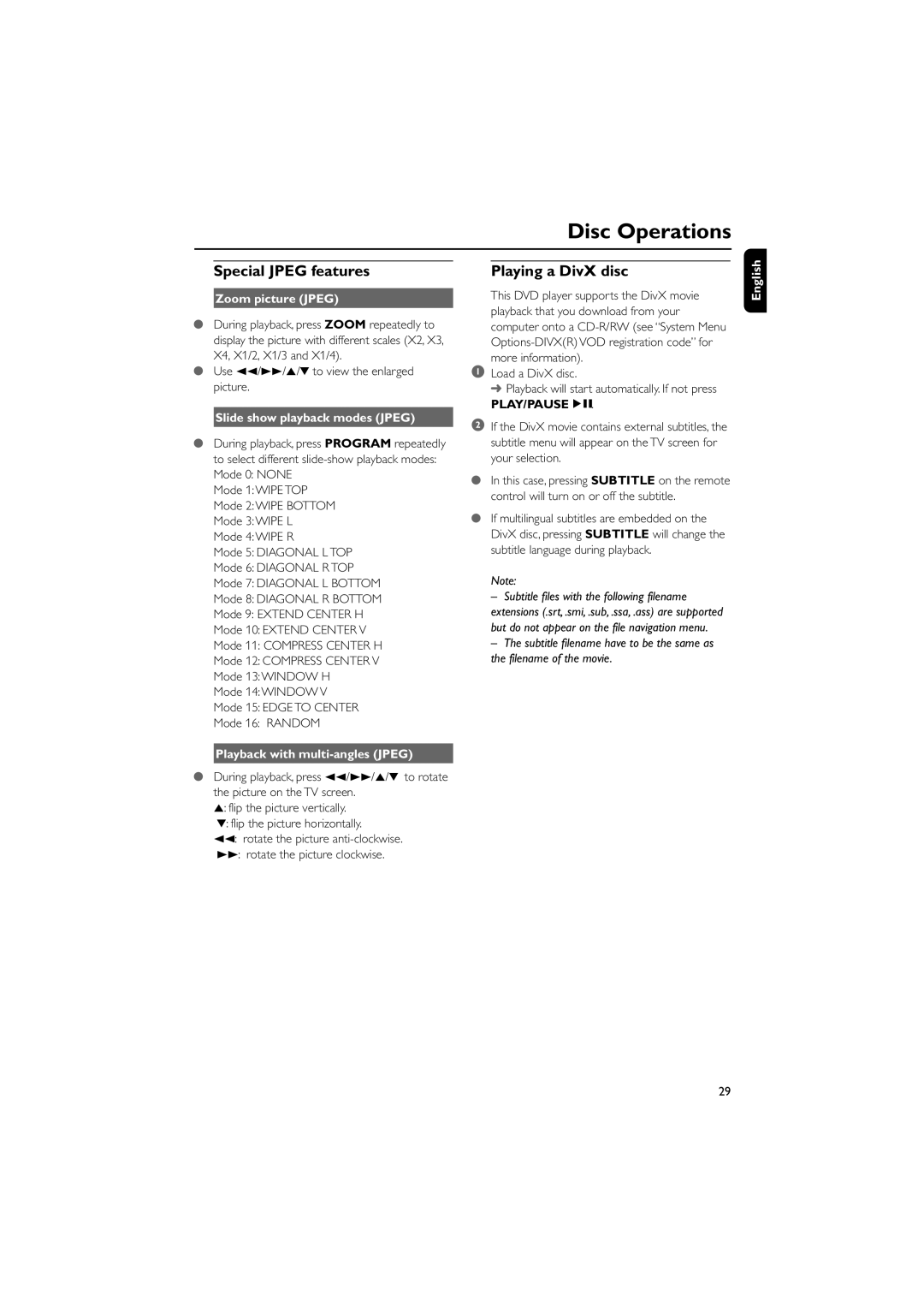 Philips MCD515 owner manual Special Jpeg features, Playing a DivX disc, Play/Pauseéå 