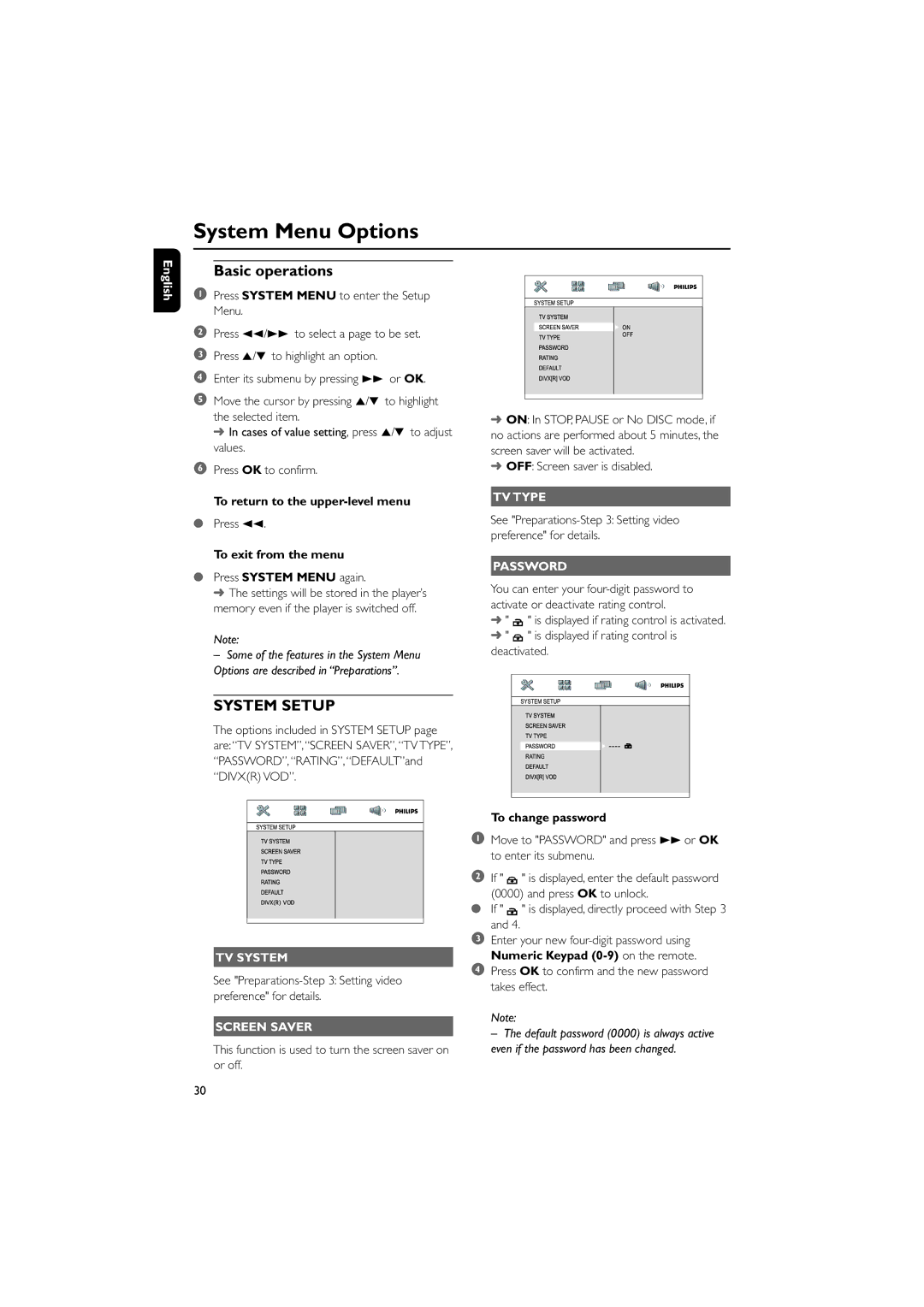 Philips MCD515 owner manual System Menu Options, Basic operations 