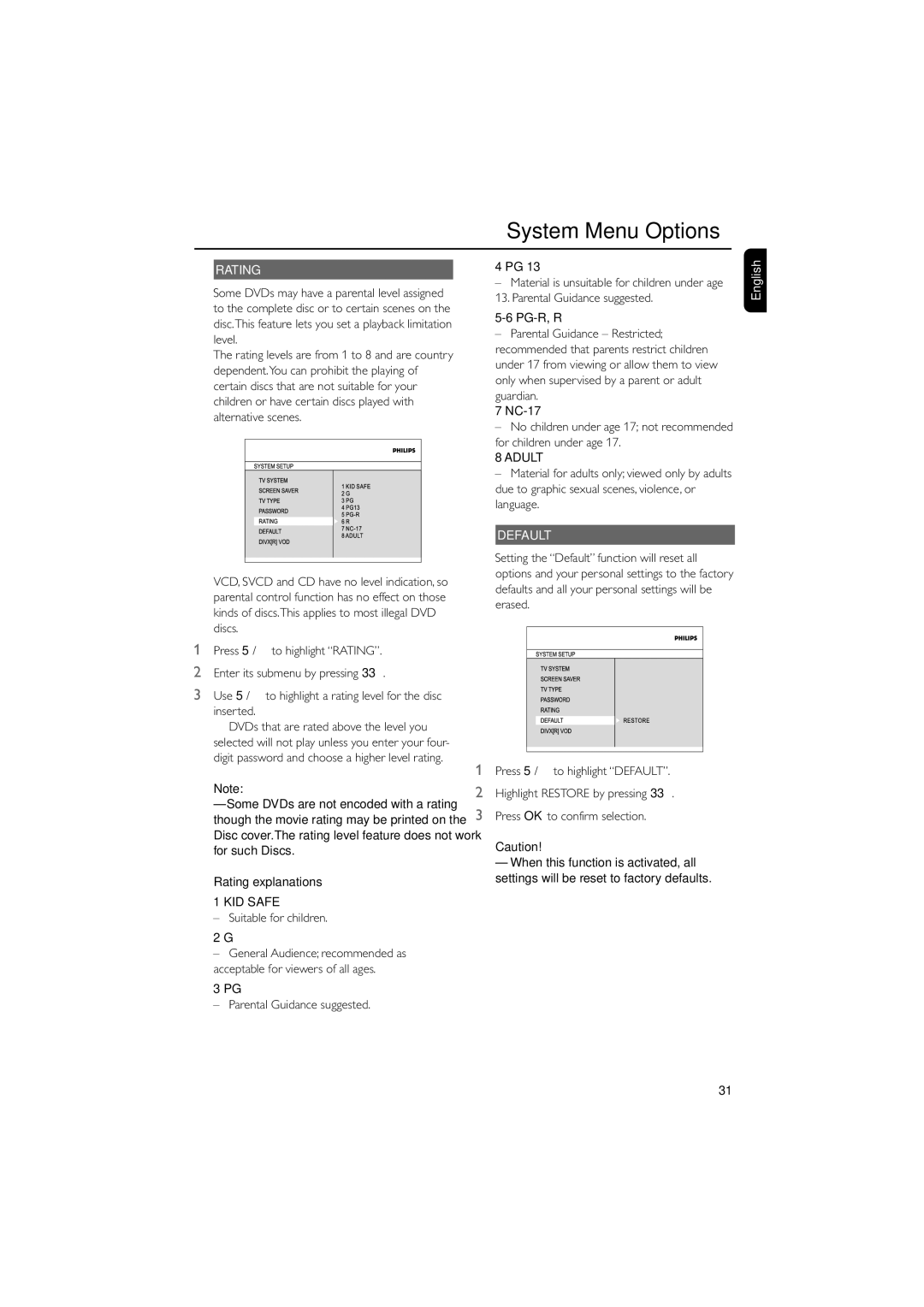 Philips MCD515 owner manual Rating, KID Safe, Adult, Default 