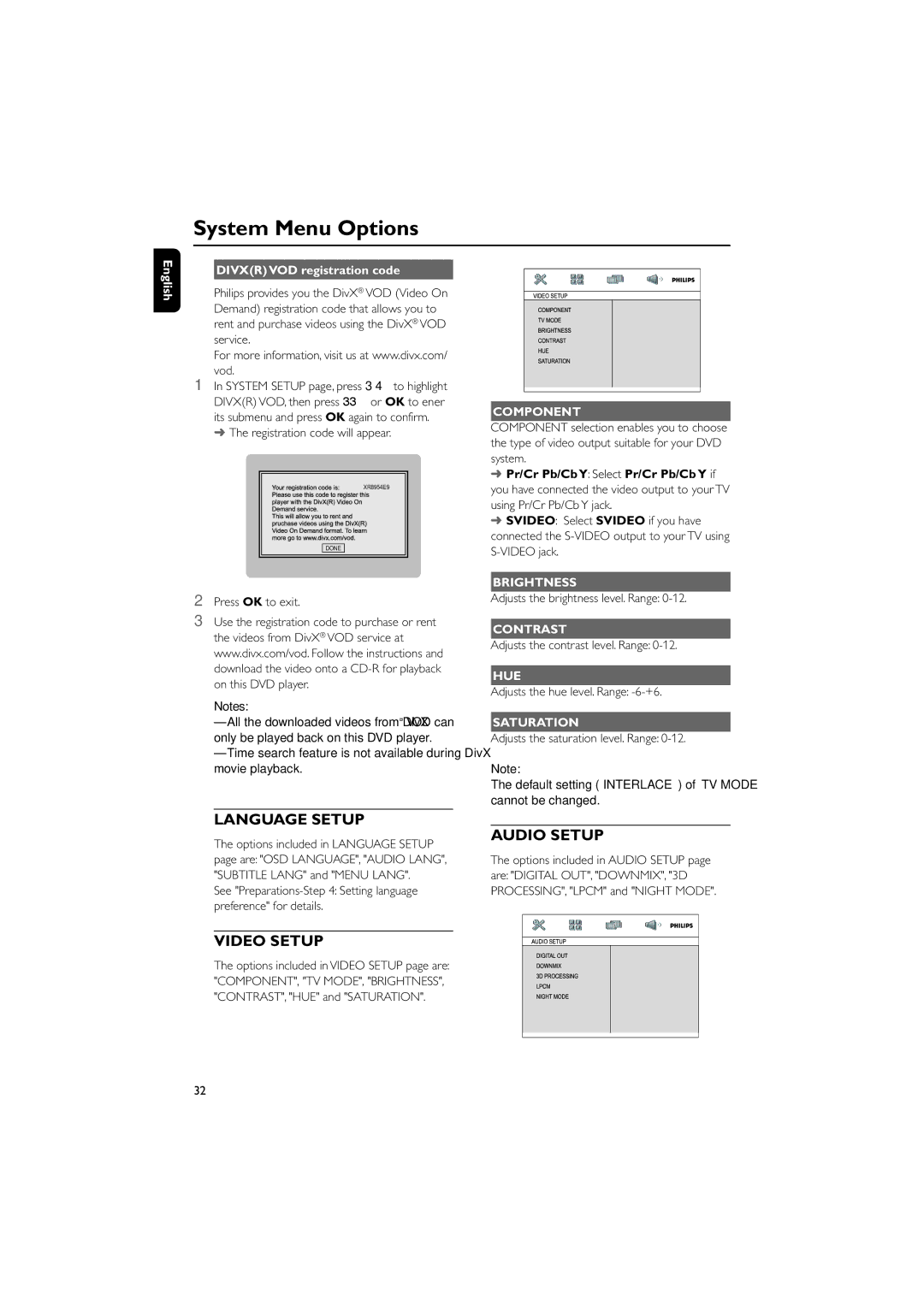 Philips MCD515 owner manual Component, Brightness, Contrast, Hue, Saturation 