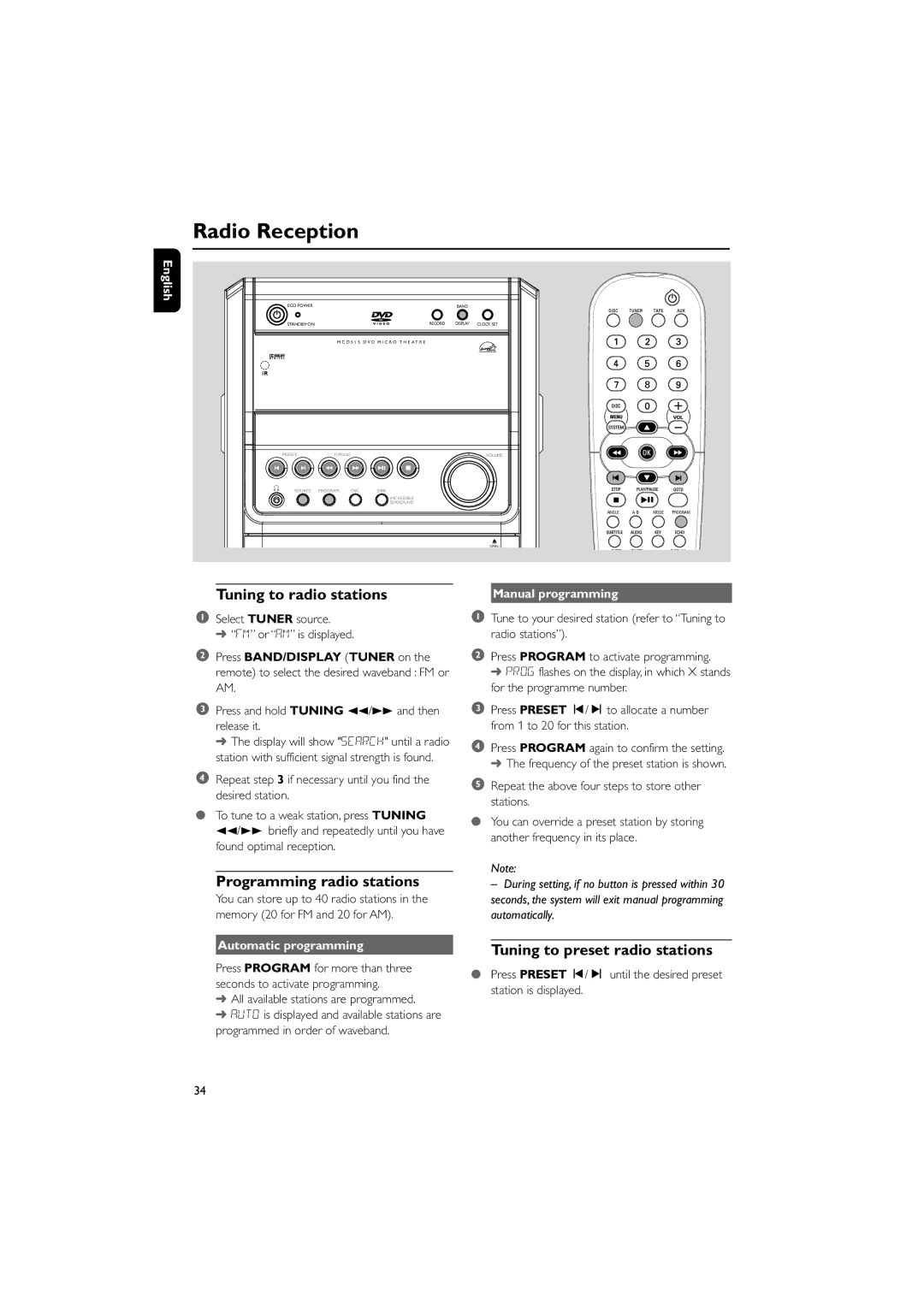 Philips MCD515 Radio Reception, Tuning to radio stations, Programming radio stations, Tuning to preset radio stations 