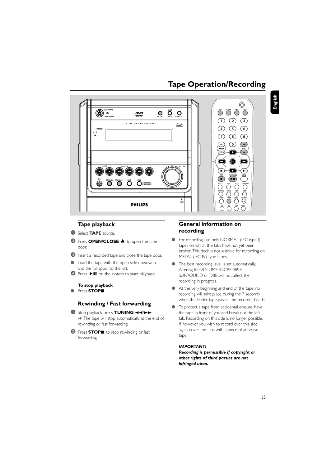 Philips MCD515 Tape Operation/Recording, Tape playback, Rewinding / Fast forwarding, General information on recording 