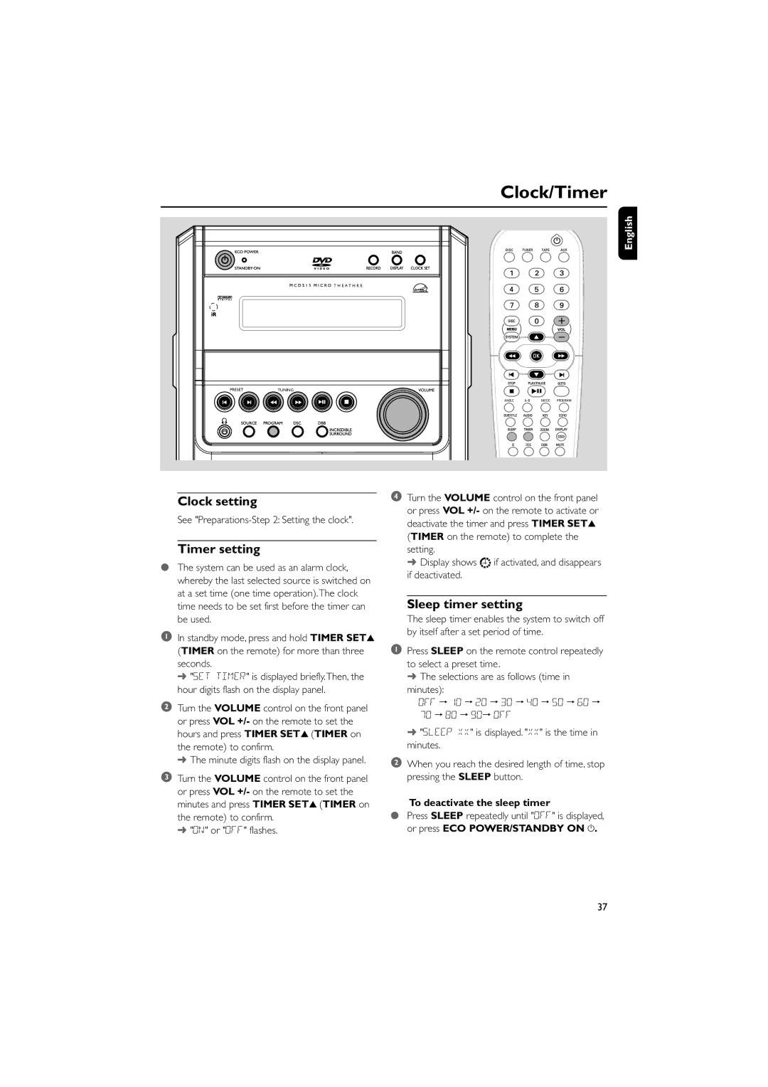 Philips MCD515 owner manual Clock/Timer, Clock setting, Timer setting, Sleep timer setting, To deactivate the sleep timer 