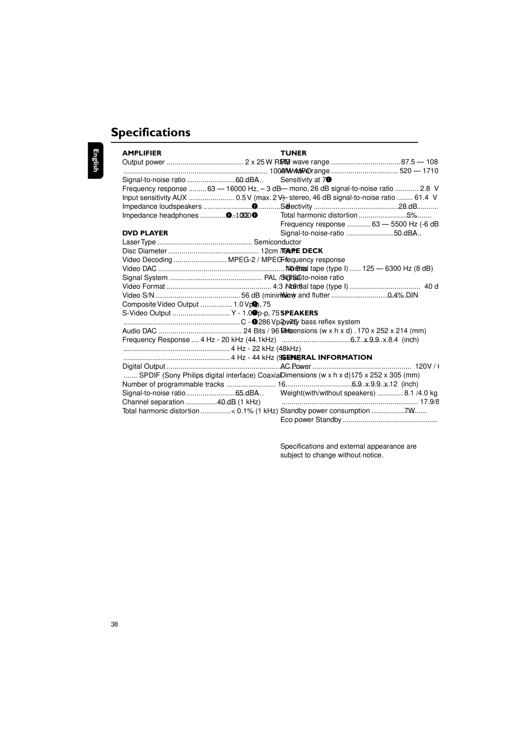 Philips MCD515 owner manual Specifications 