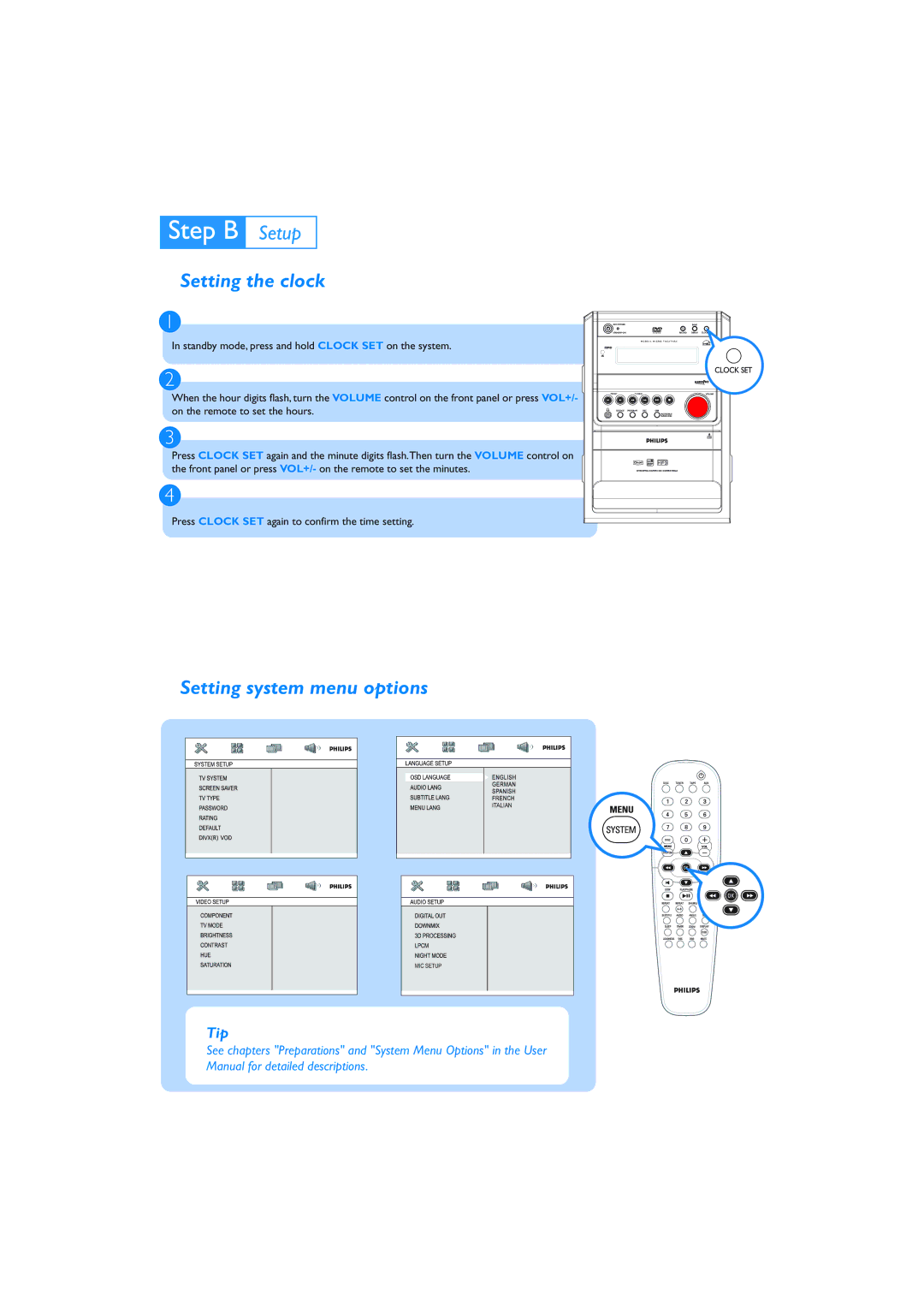 Philips MCD515 quick start Setting the clock, Setting system menu options 