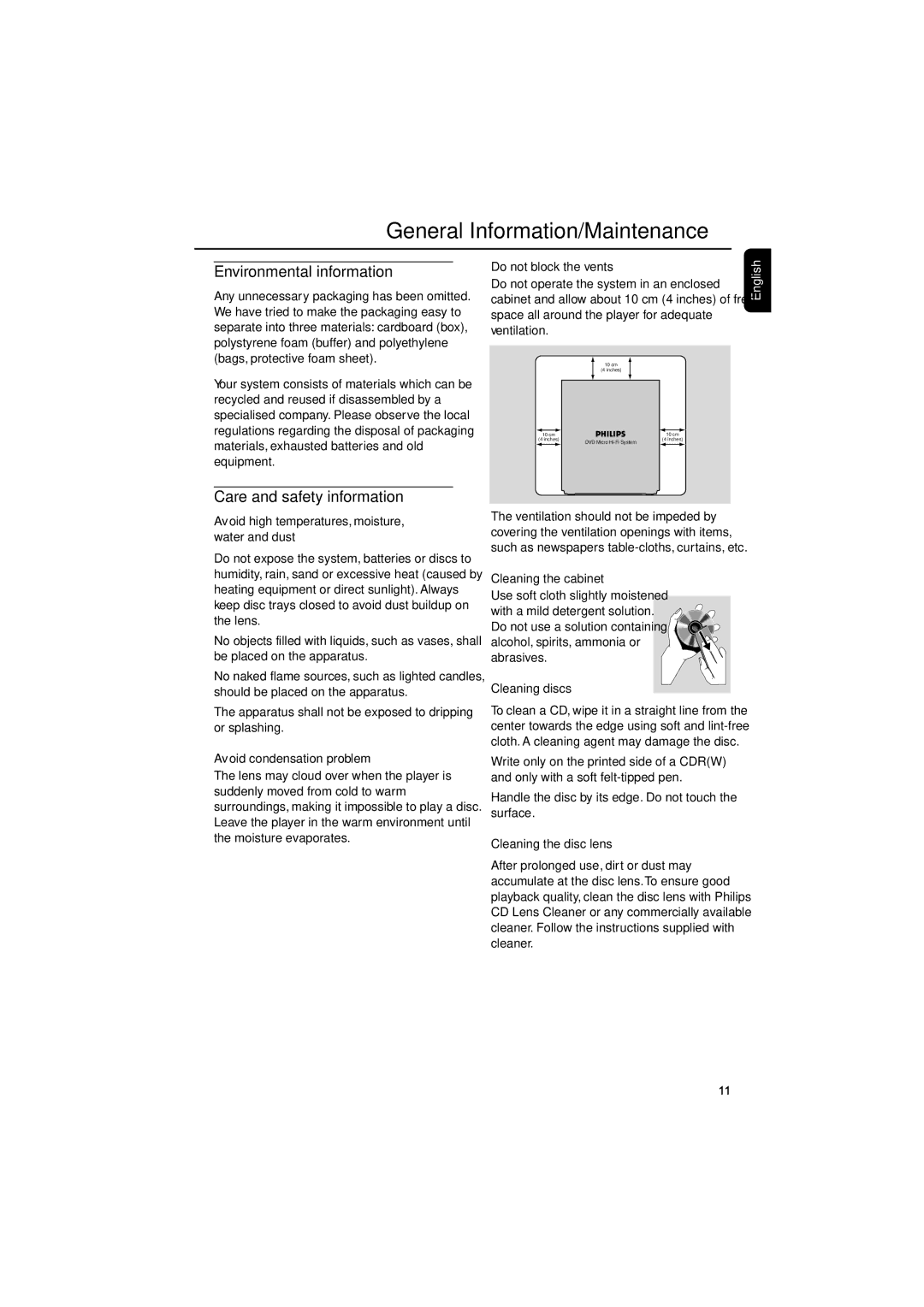 Philips MCD515/12 user manual General Information/Maintenance, Environmental information, Care and safety information 