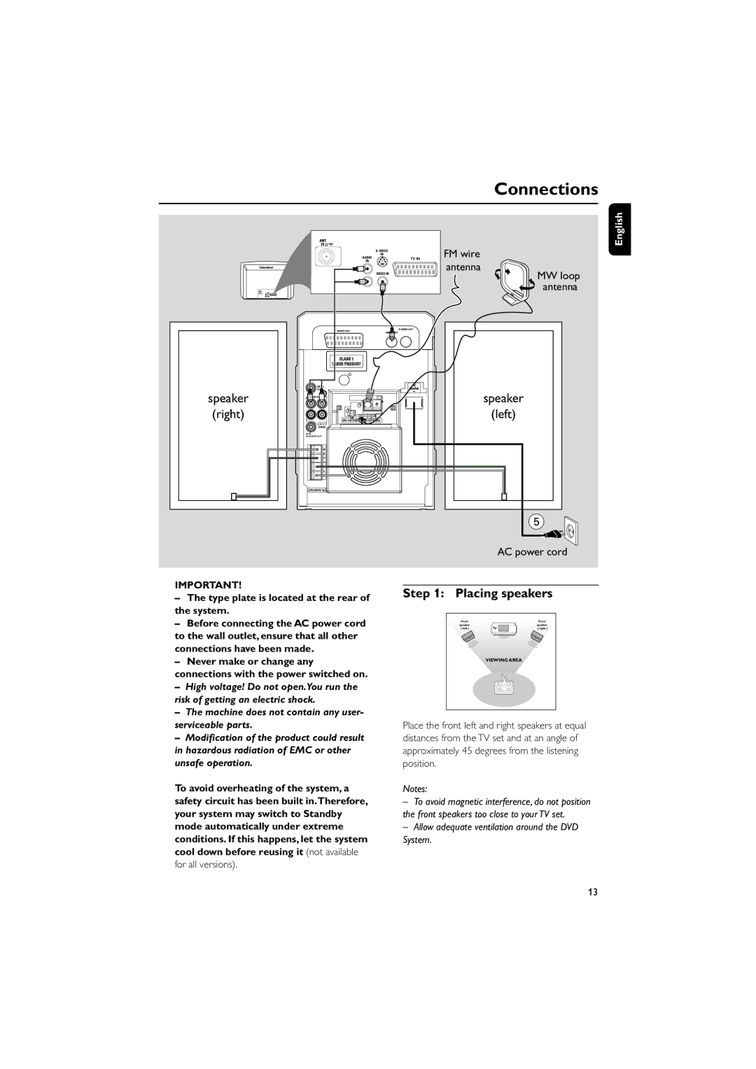 Philips MCD515/12 user manual Connections, Right, Left, Placing speakers 