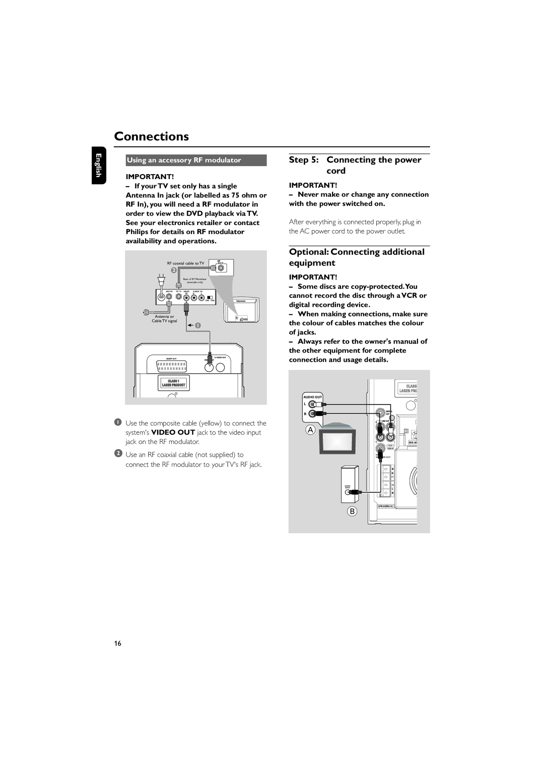 Philips MCD515/12 user manual Connecting the power cord, Optional Connecting additional equipment 