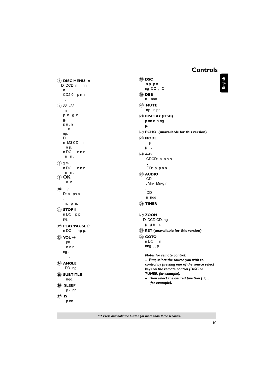 Philips MCD515/12 user manual @ Play/Pause, $ Angle, Subtitle, Sleep, Dbb, Mute, ¡ Display OSD, £ Mode, § Timer, ≥ Zoom 