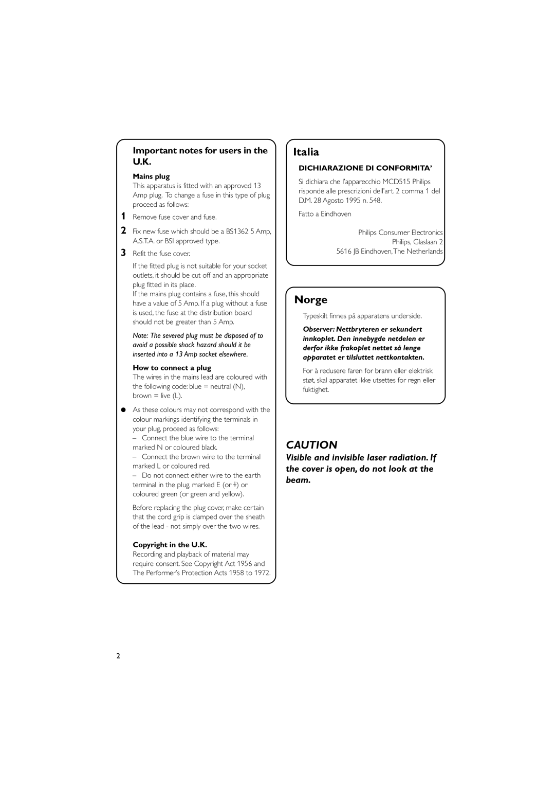 Philips MCD515/12 user manual Important notes for users in the U.K, Mains plug, How to connect a plug, Copyright in the U.K 