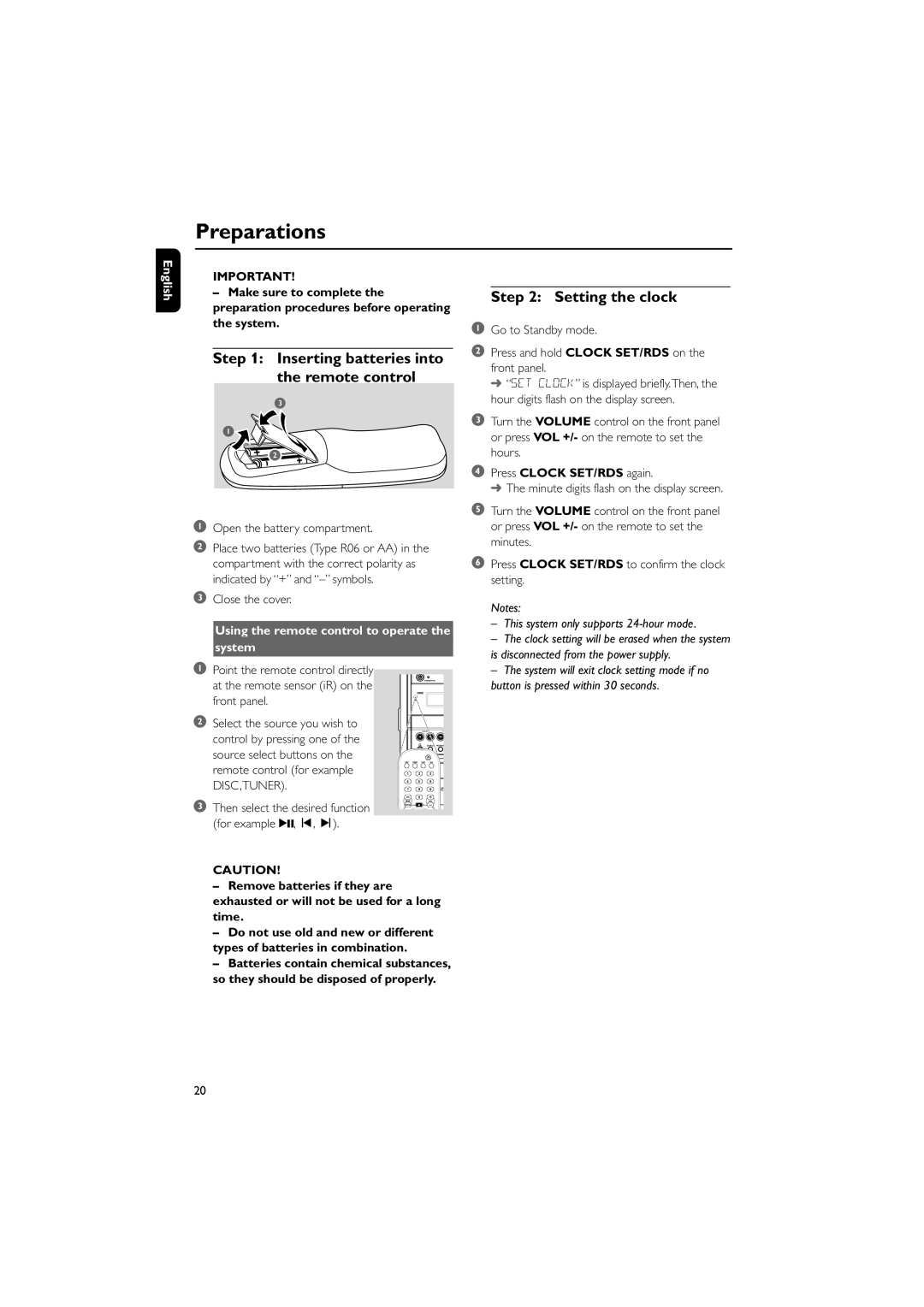 Philips MCD515/12 Preparations, Inserting batteries into the remote control, Using the remote control to operate System 