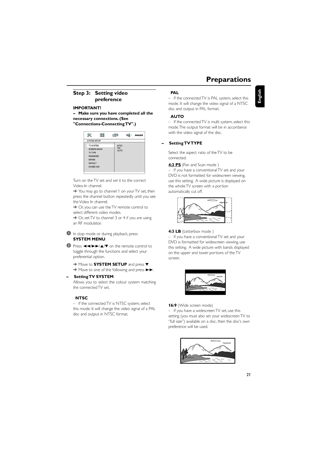 Philips MCD515/12 user manual Setting video preference, System Menu, Ntsc, Pal, Auto 