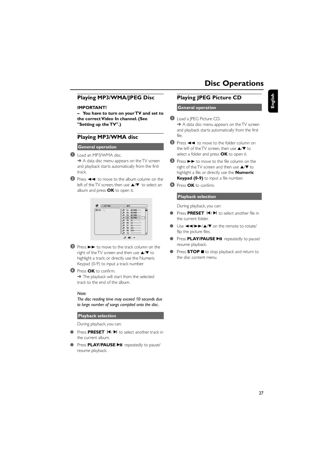 Philips MCD515/12 user manual Playing MP3/WMA/JPEG Disc, Playing MP3/WMA disc, General operation, Playback selection 