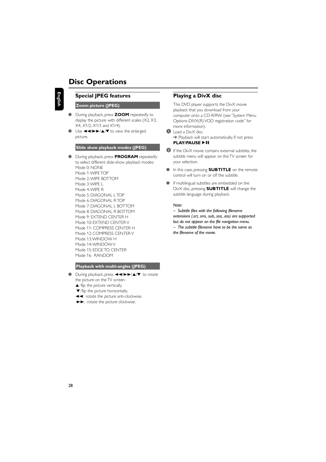 Philips MCD515/12 user manual Special Jpeg features, Playing a DivX disc, Play/Pauseéå 