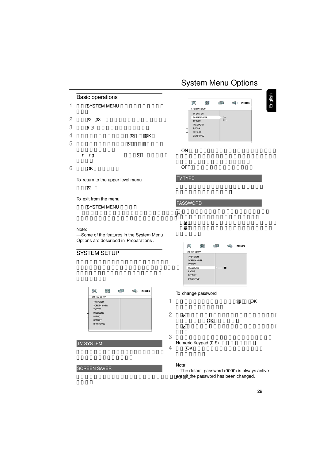 Philips MCD515/12 user manual System Menu Options, Basic operations 