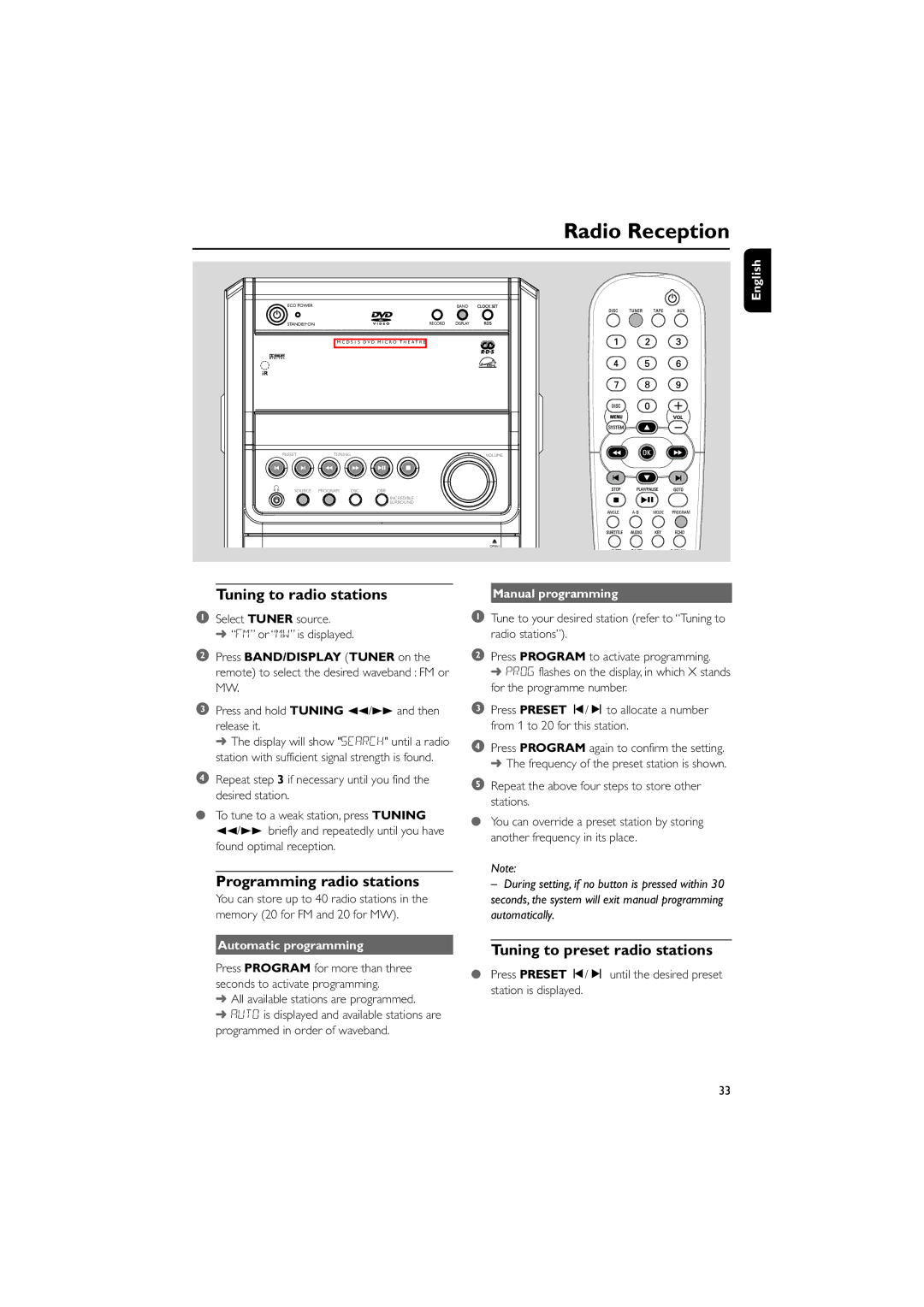 Philips MCD515/12 Radio Reception, Tuning to radio stations, Programming radio stations, Tuning to preset radio stations 