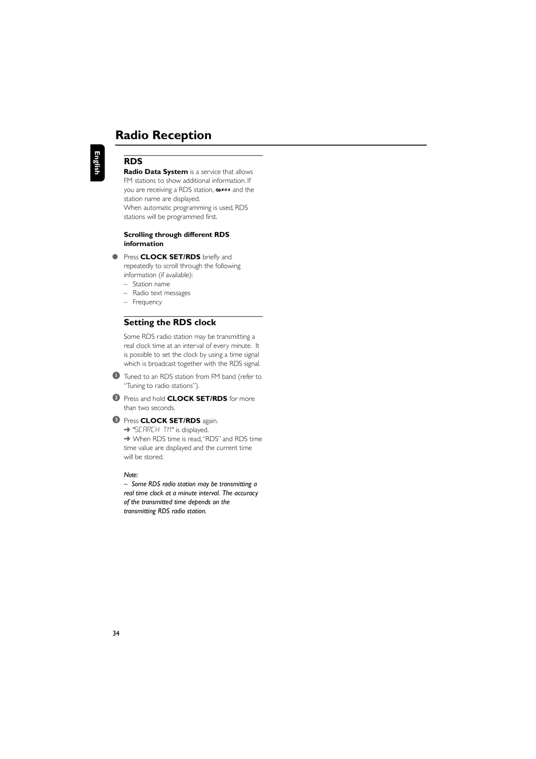 Philips MCD515/12 user manual Setting the RDS clock, Scrolling through different RDS information 