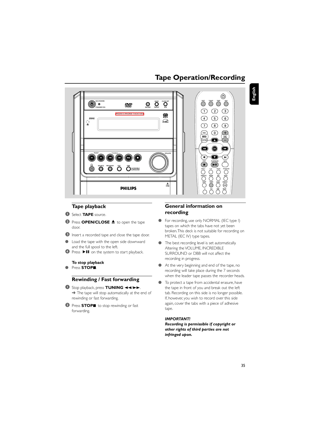 Philips MCD515/12 Tape Operation/Recording, Tape playback, Rewinding / Fast forwarding, General information on recording 