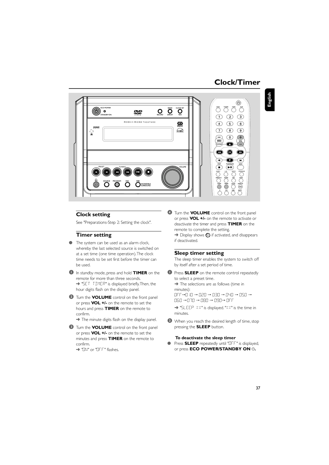 Philips MCD515/12 user manual Clock/Timer, Clock setting, Timer setting, Sleep timer setting, To deactivate the sleep timer 