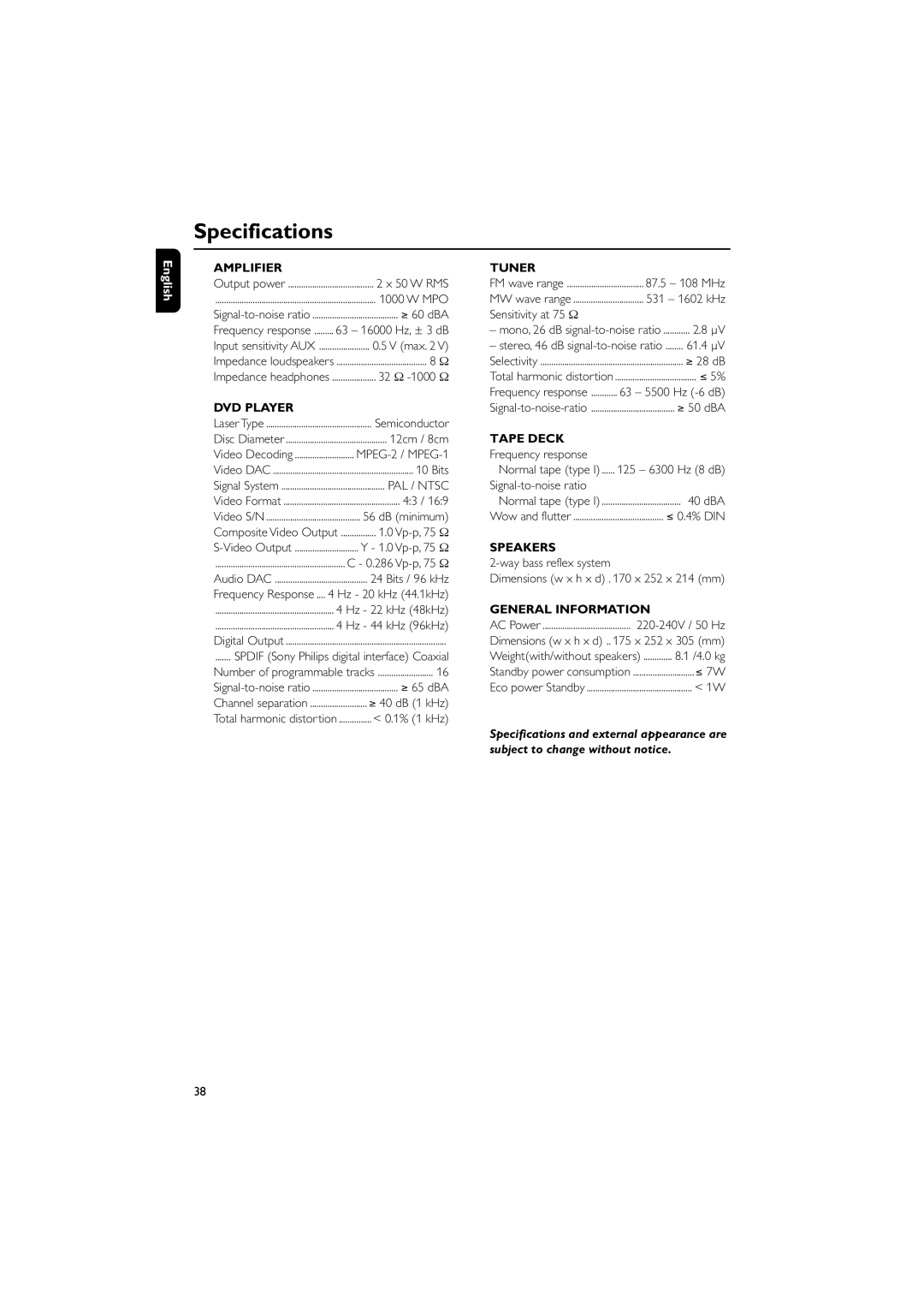 Philips MCD515/12 user manual Specifications 