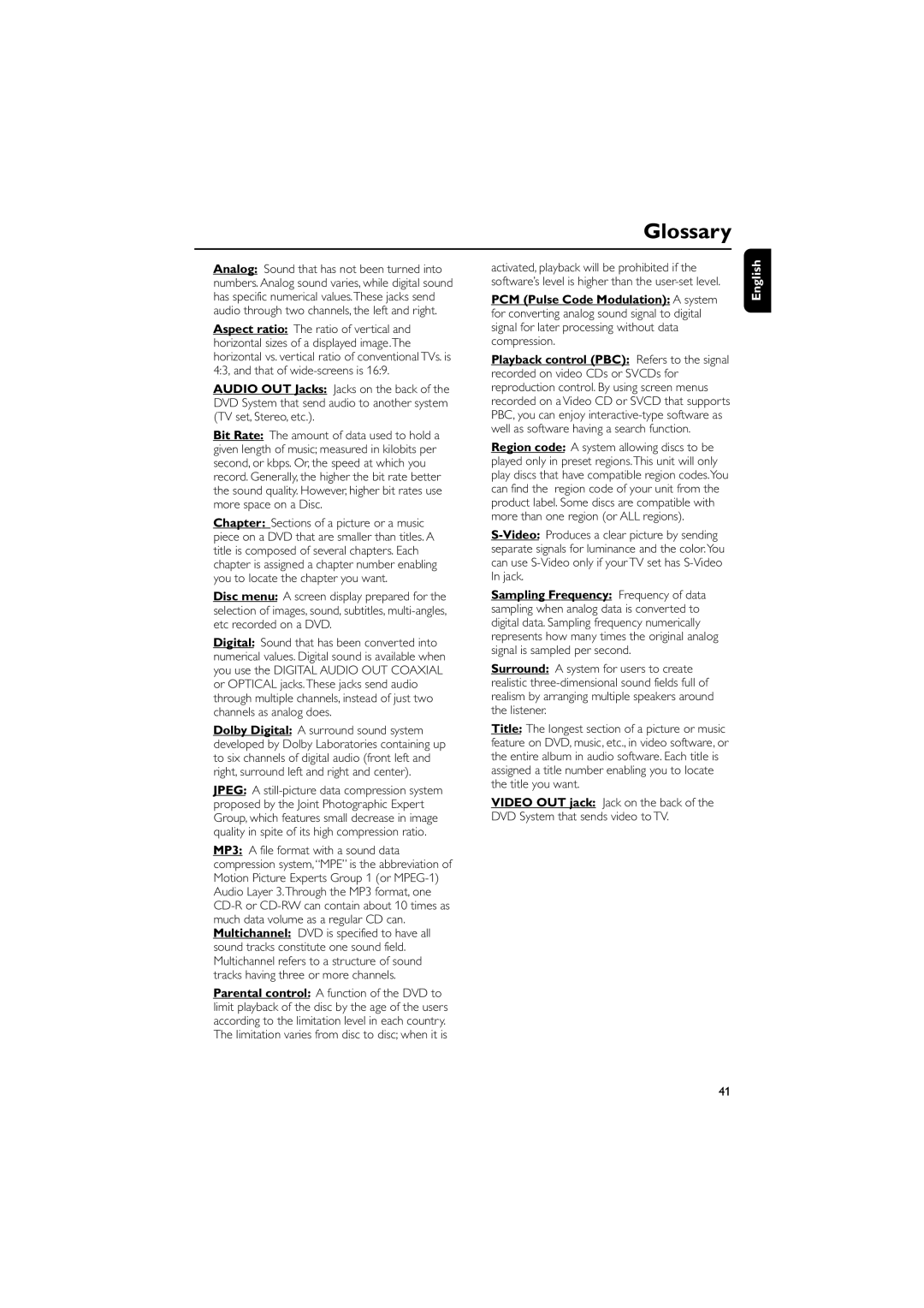 Philips MCD515/12 user manual Glossary, English 