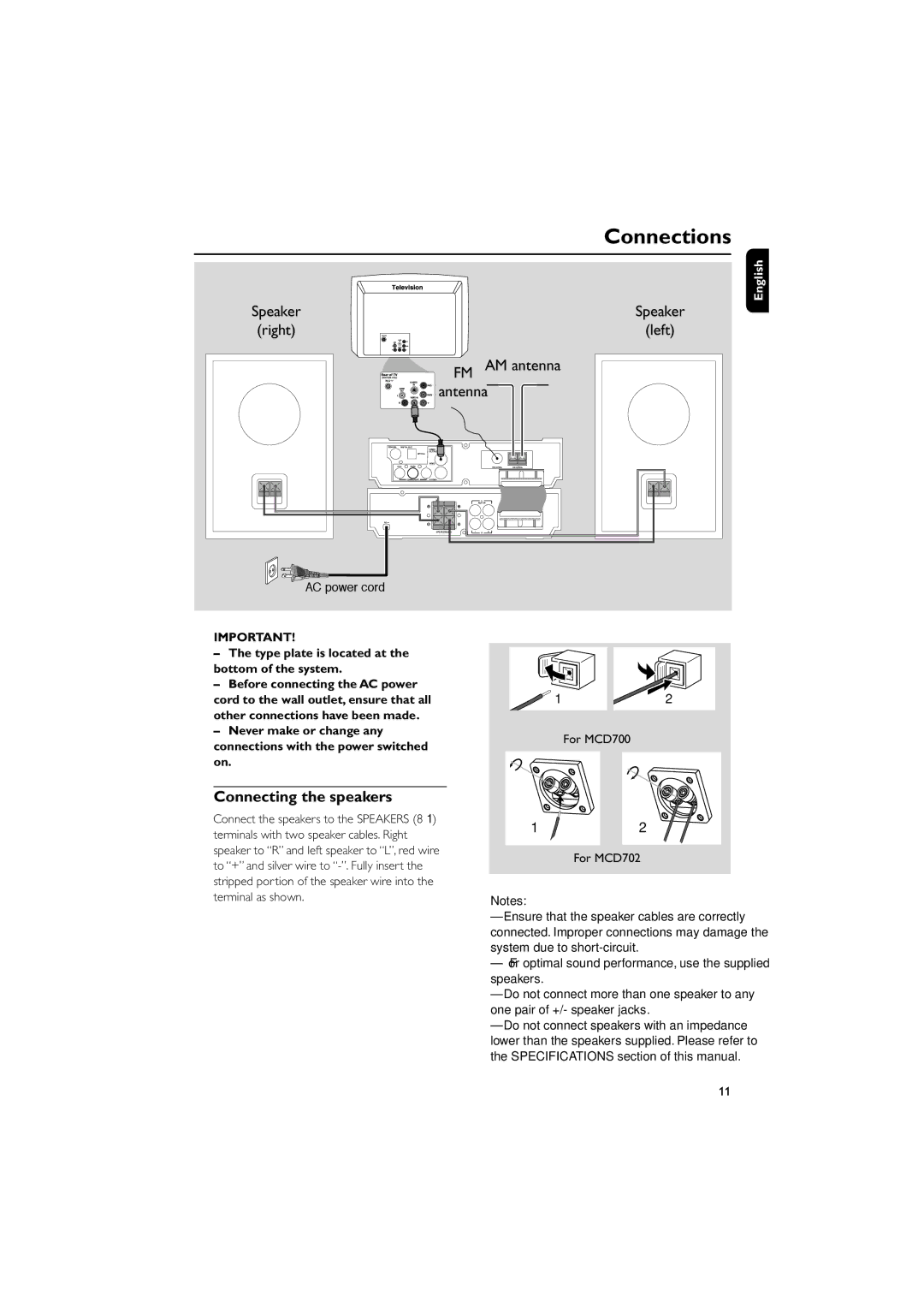 Philips MCD702, MCD700 manual Connections, Connecting the speakers, Type plate is located at the bottom of the system 