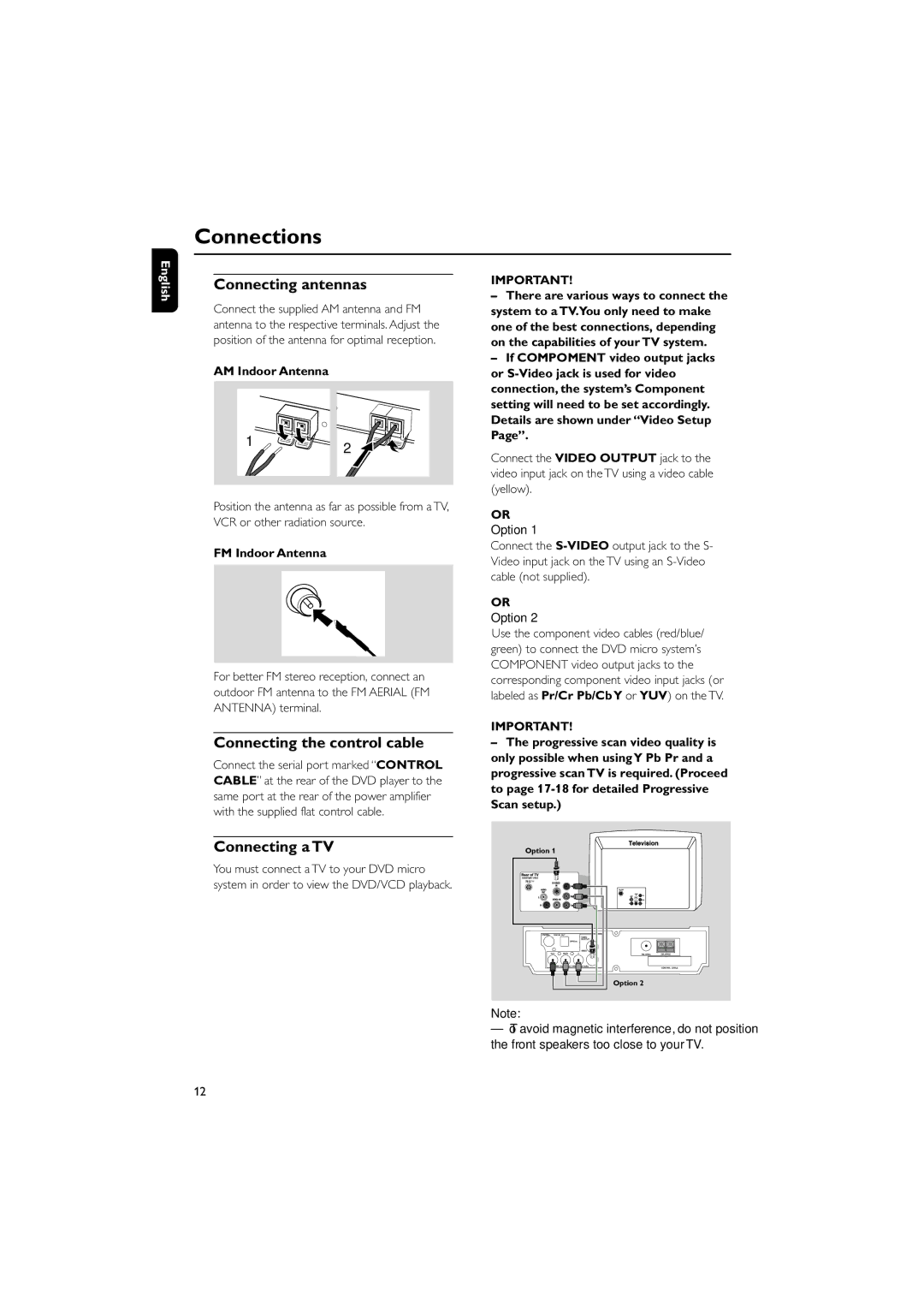 Philips MCD700 Connecting antennas, Connecting the control cable, Connecting a TV, AM Indoor Antenna, FM Indoor Antenna 