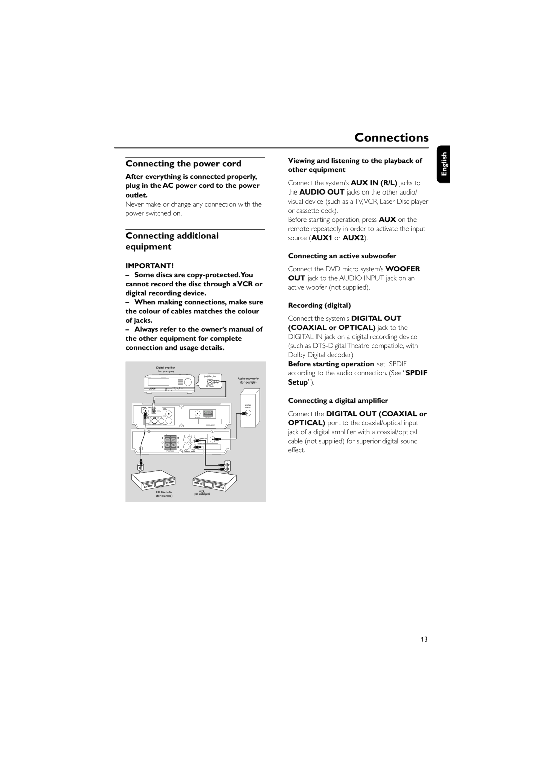 Philips MCD702, MCD700 manual Connecting the power cord, Connecting additional equipment, Connecting an active subwoofer 