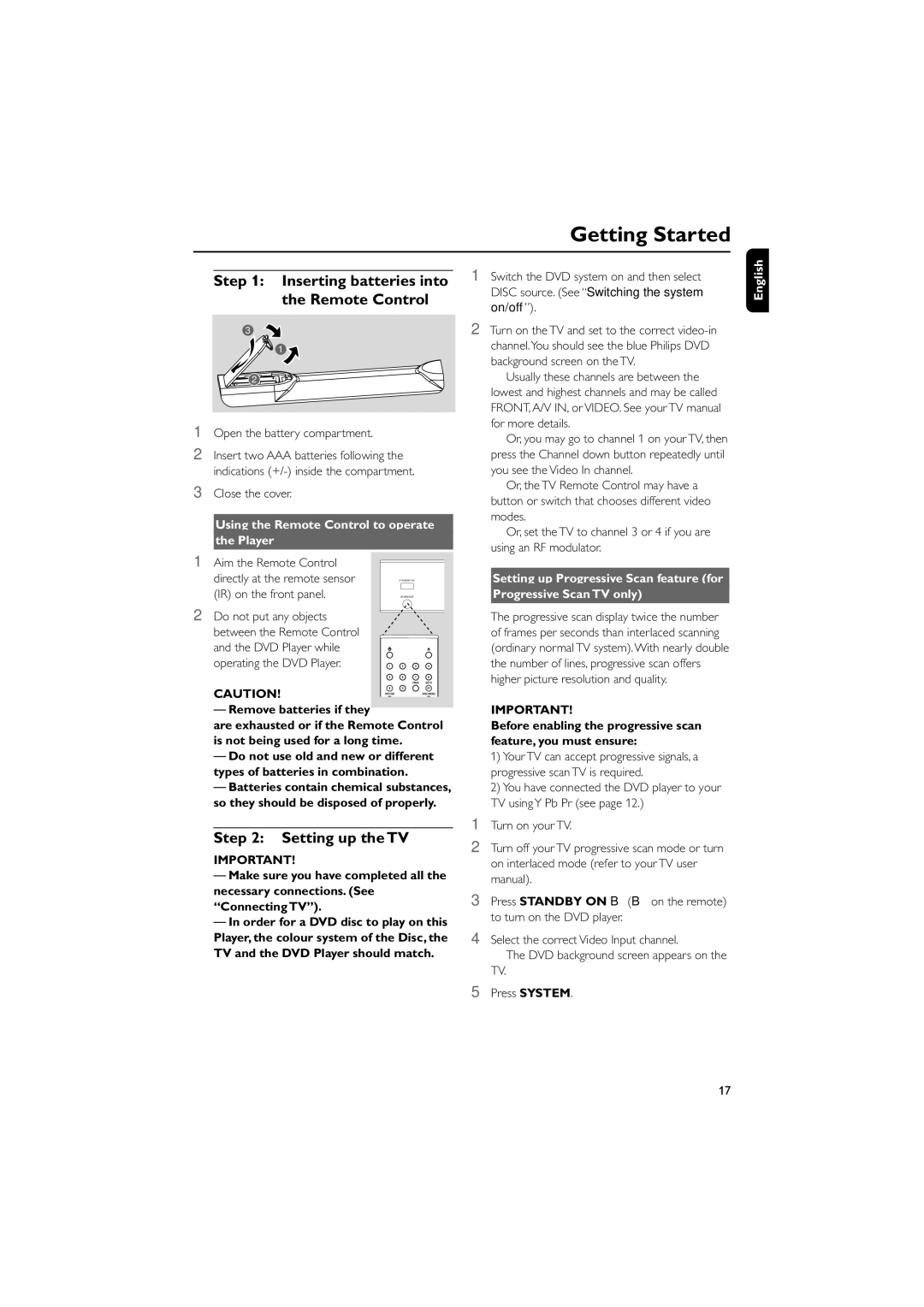 Philips MCD702 Getting Started, Inserting batteries into the Remote Control, Setting up the TV, Remove batteries if they 