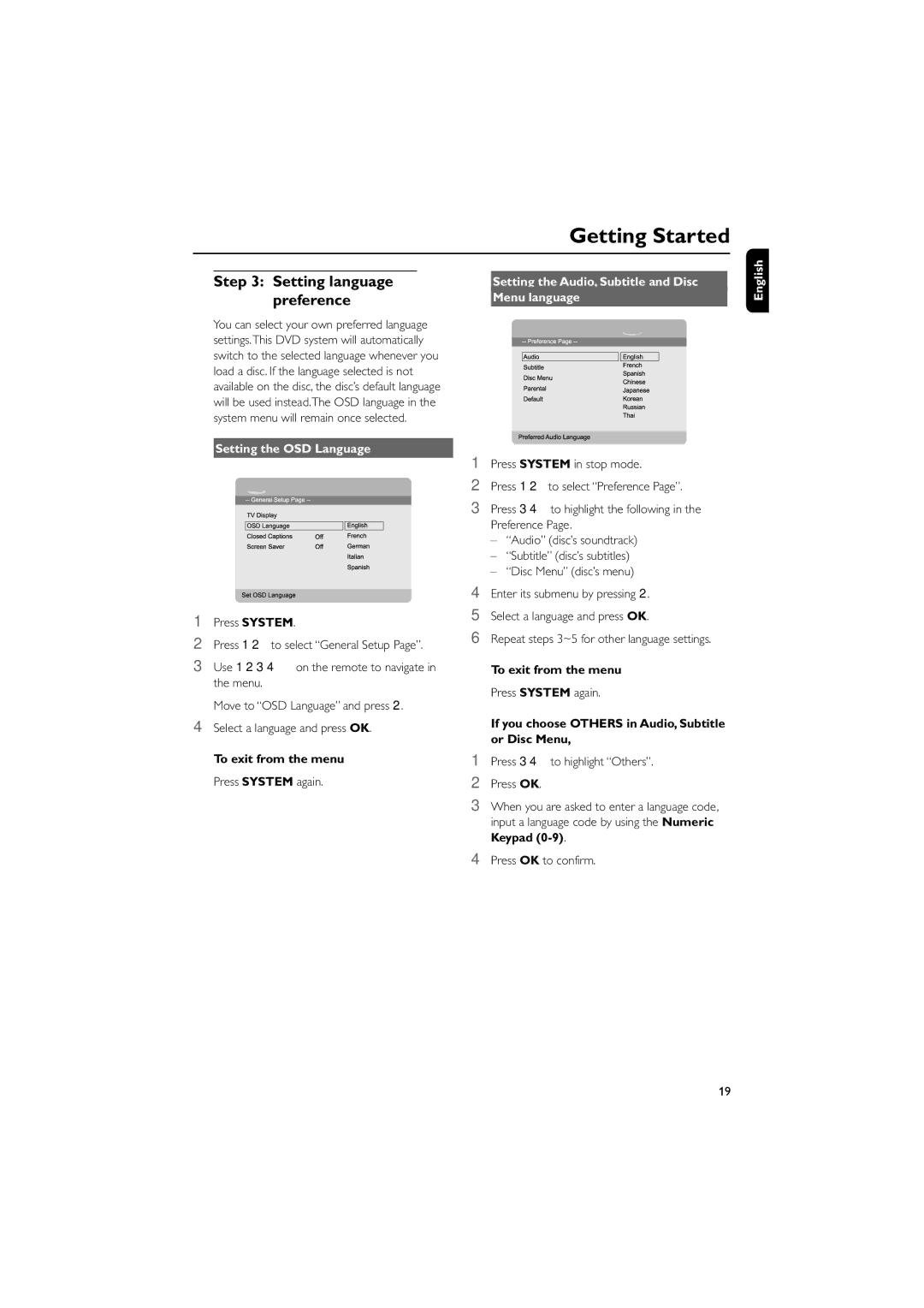 Philips MCD702, MCD700 manual Setting language, Preference, Setting the Audio, Subtitle and Disc, Setting the OSD Language 