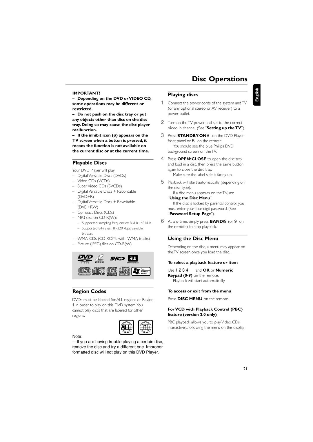 Philips MCD702, MCD700 manual Disc Operations, Playable Discs, Region Codes, Playing discs, Using the Disc Menu 