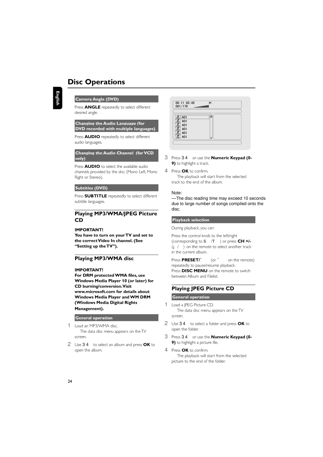 Philips MCD700, MCD702 manual Playing MP3/WMA/JPEG Picture, Playing MP3/WMA disc, Playing Jpeg Picture CD 