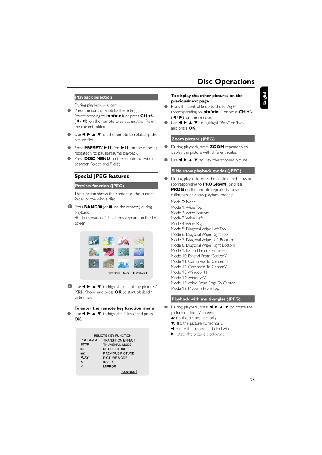 Philips MCD702 Special Jpeg features, Zoom picture Jpeg, Slide show playback modes Jpeg English, Preview function Jpeg 