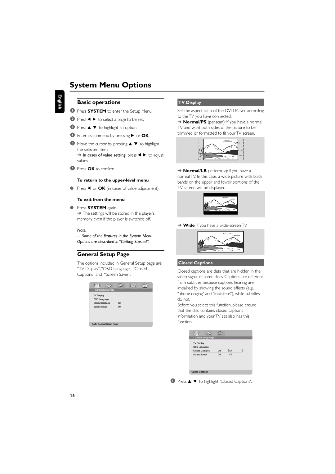 Philips MCD700, MCD702 manual System Menu Options, Basic operations, General Setup, TV Display, Closed Captions 