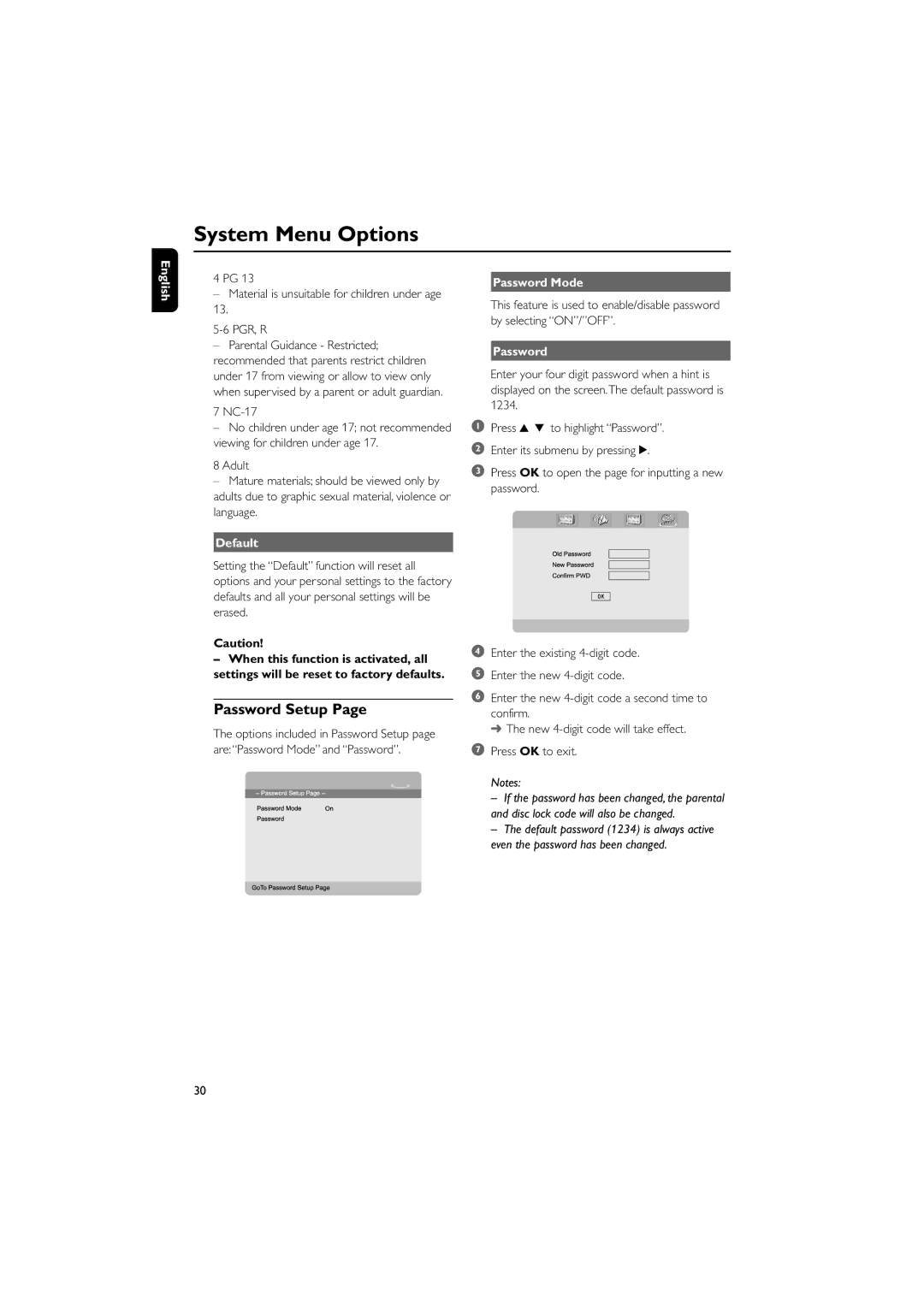 Philips MCD700, MCD702 manual Password Setup, Default, Password Mode 