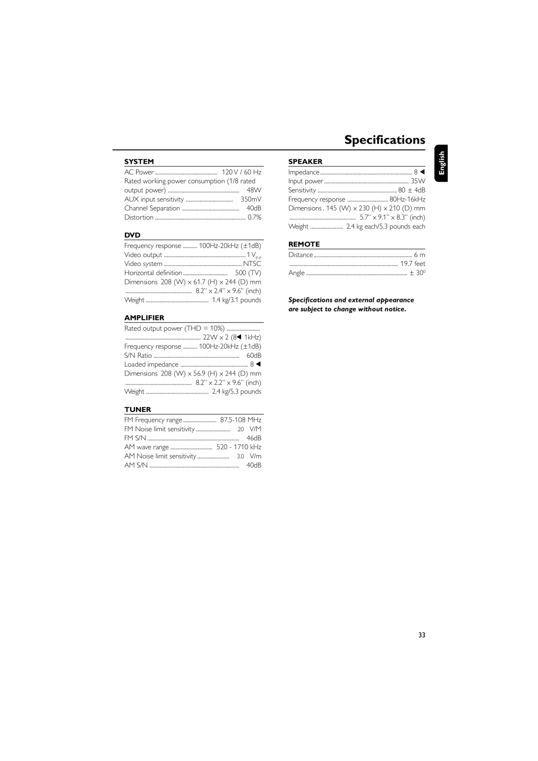 Philips MCD702, MCD700 manual Specifications 