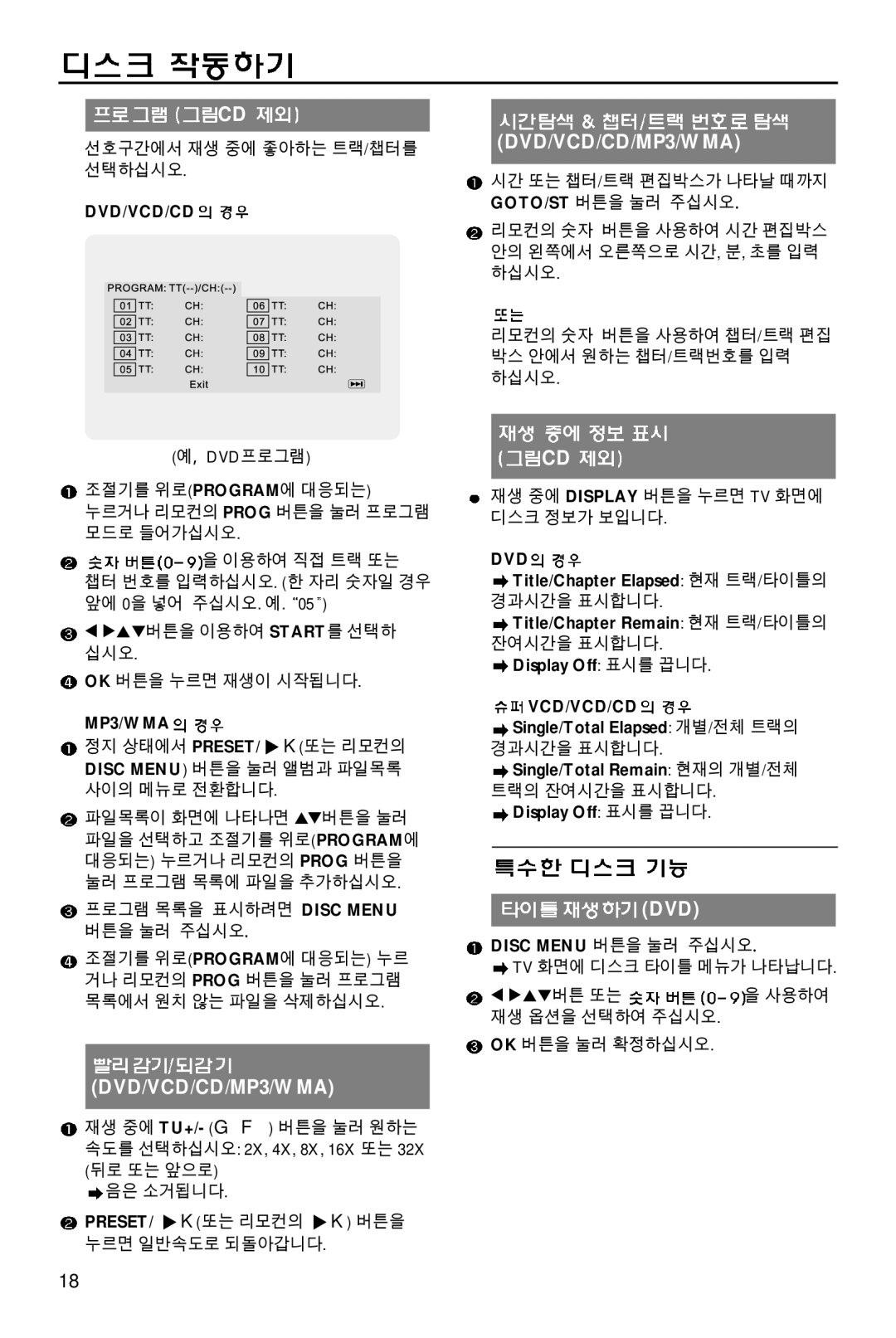 Philips MCD700/61 manual 선호구간에서 재생 중에 좋아하는 트랙/챕터를 선택하십시오, MP3/WMA, 프로그램 목록을 표시하려면 Disc Menu 버튼을 눌러 주십시오, Dvd, 경과시간을 표시합니다 