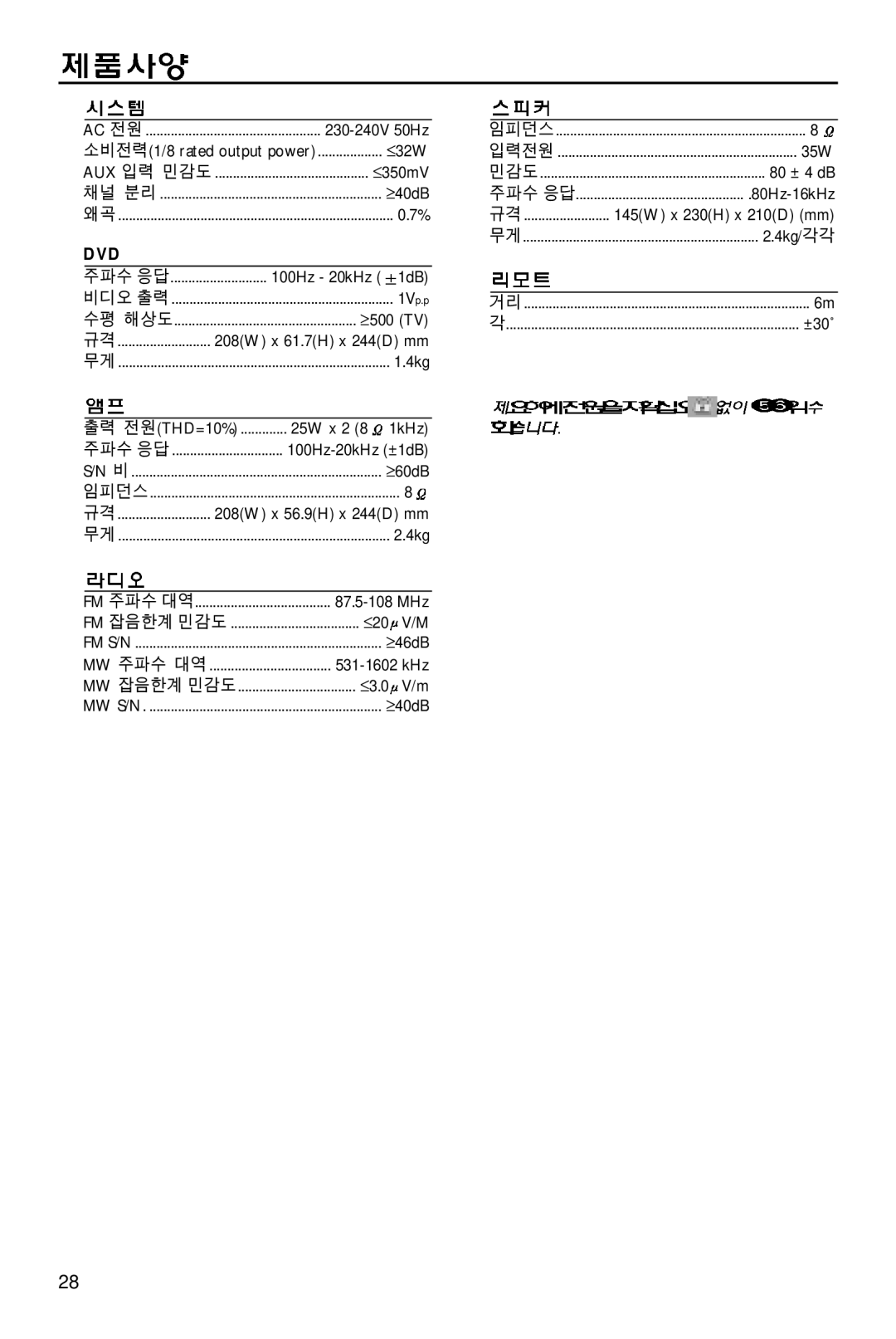 Philips MCD700/61 수평 해상도, 1kHz, 100Hz-20kHz ±1dB, 87.5-108 MHz, 531-1602 kHz, 35W, 80 ± 4 dB, 80Hz-16kHz, 4kg/각각, ±30˚ 