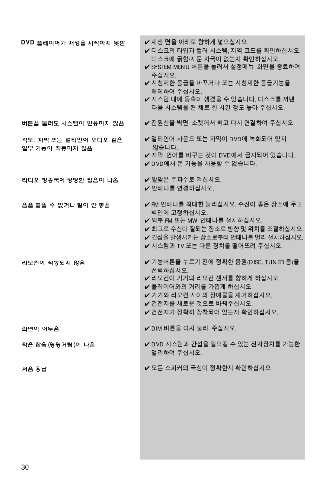 Philips MCD700/61 manual 재생 면을 아래로 향하게 넣으십시오, 디스크에 긁힘/지문 자국이 없는지 확인하십시오, 기능버튼을 누르기 전에 정확한 음원DISC, Tuner 등을 선택하십시오 