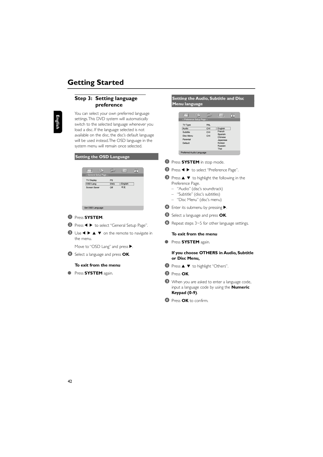 Philips MCD700/93 manual Setting the OSD Language, If you choose Others in Audio, Subtitle or Disc Menu 