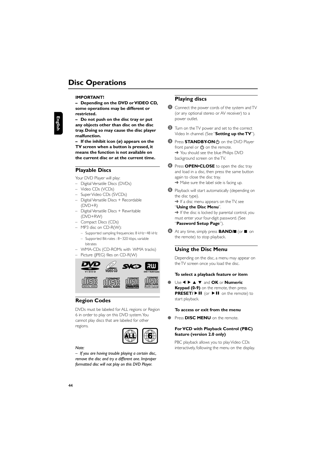 Philips MCD700/93 manual Disc Operations, Playable Discs, Region Codes, Playing discs, Using the Disc Menu 