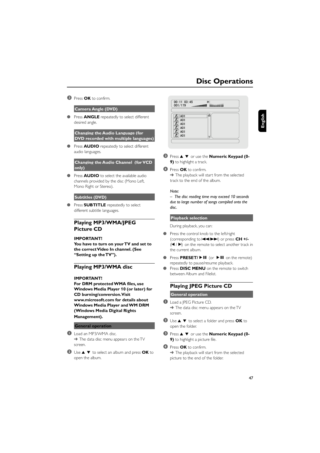 Philips MCD700/93 manual Playing MP3/WMA/JPEG Picture CD, Playing MP3/WMA disc, Playing Jpeg Picture CD 