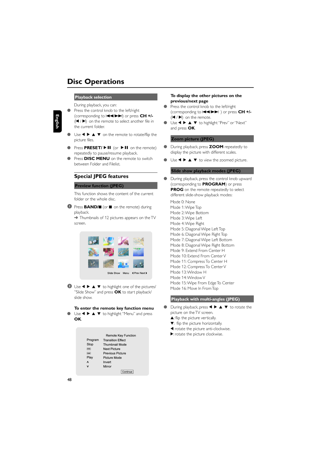 Philips MCD700/93 manual Special Jpeg features, English Playback selection, Playback with multi-angles Jpeg 