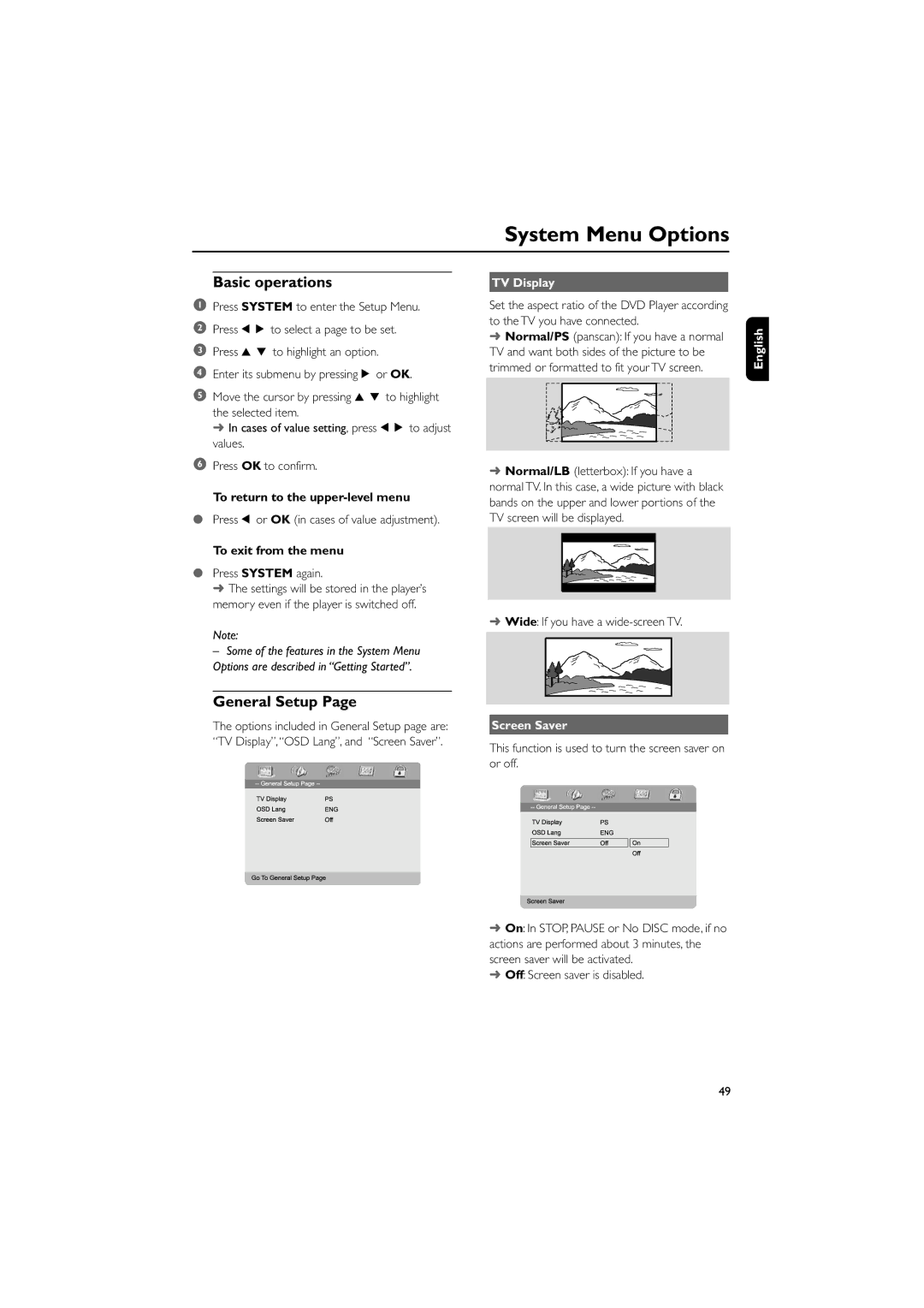 Philips MCD700/93 manual System Menu Options, Basic operations, General Setup, TV Display, Screen Saver 