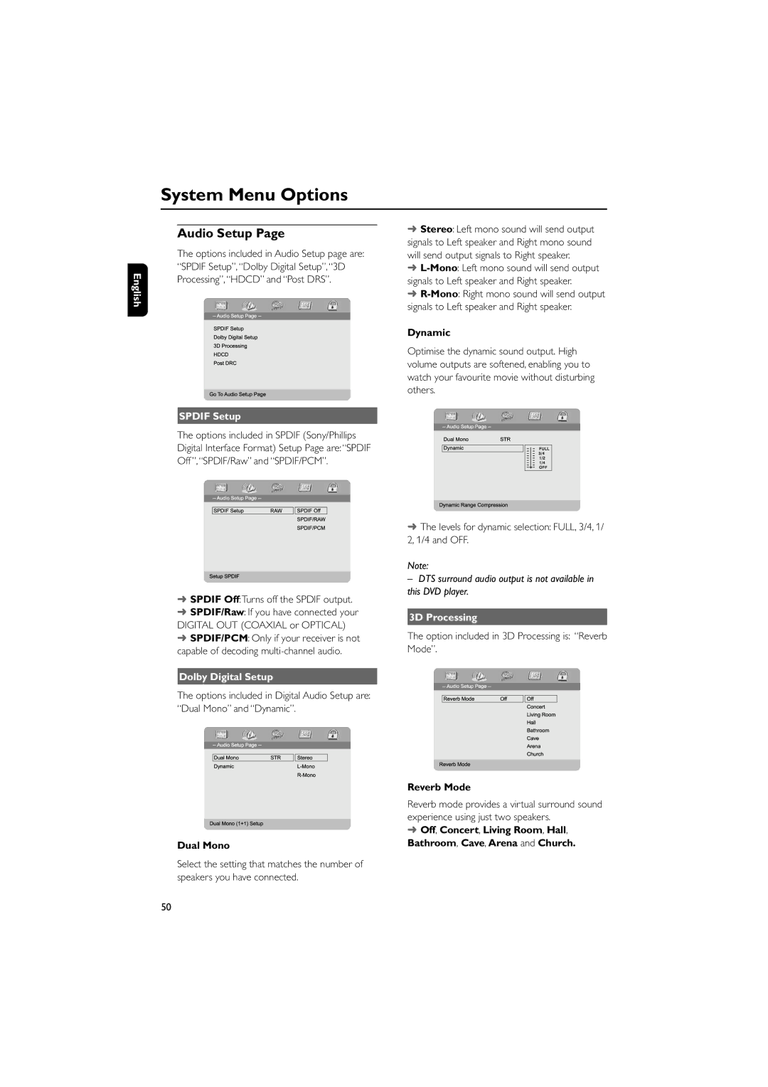 Philips MCD700/93 manual Audio Setup, Spdif Setup, Dolby Digital Setup, 3D Processing 